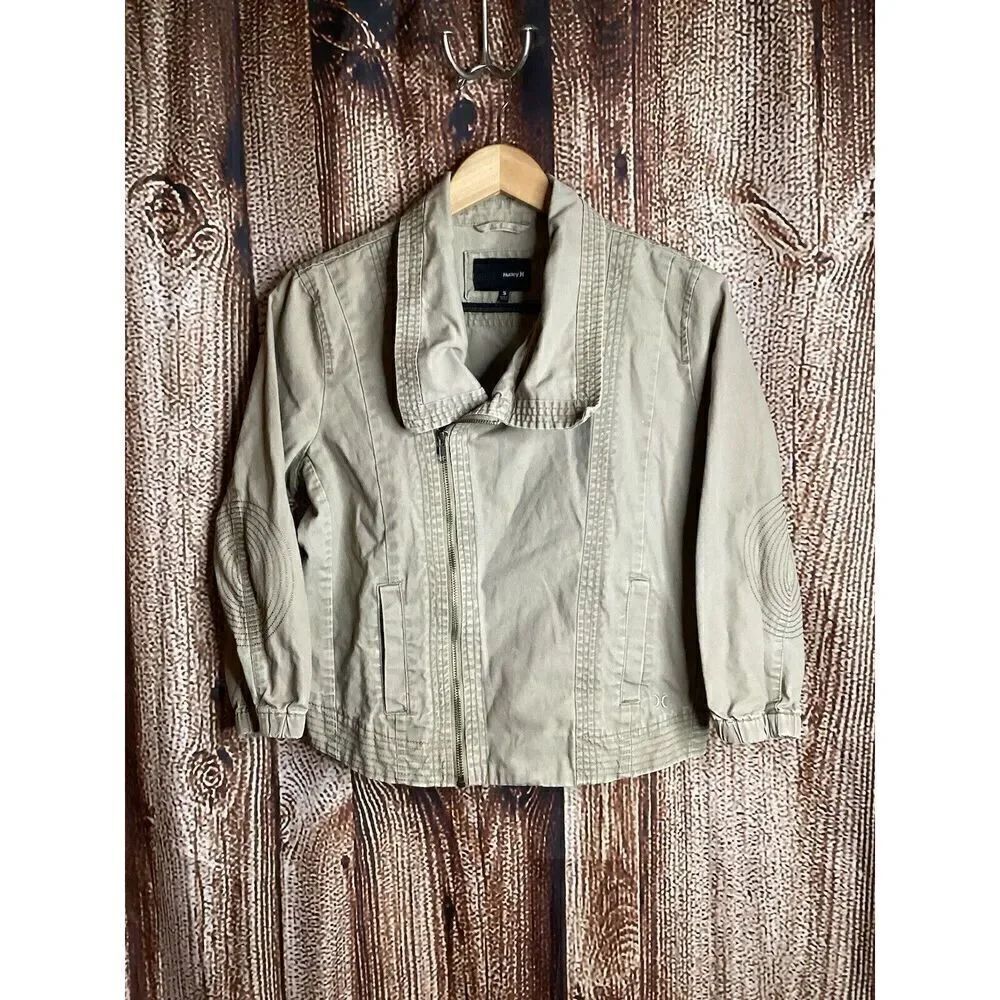 Hurley Jacket Womens Small Full Zip Long Sleeve Cropped Moto Beige